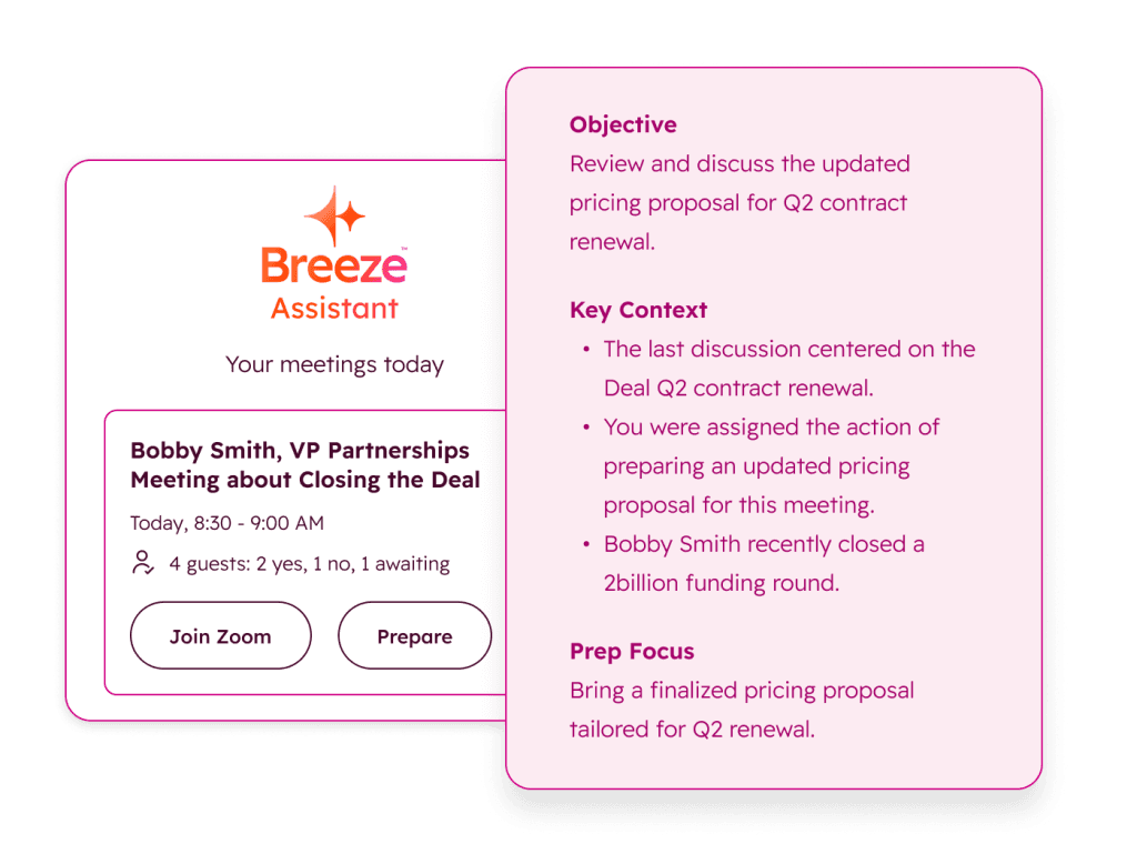 HubSpot Breeze Assistant bereitet ein Vertriebsmeeting mit Ziel, wichtigem Kontext und Vorbereitungsfokus vor