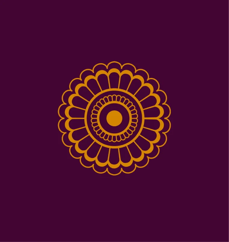 Centered gold mandala with layered petal rings and a circular core on a deep purple background, creating a calm, ornate decorative tone.