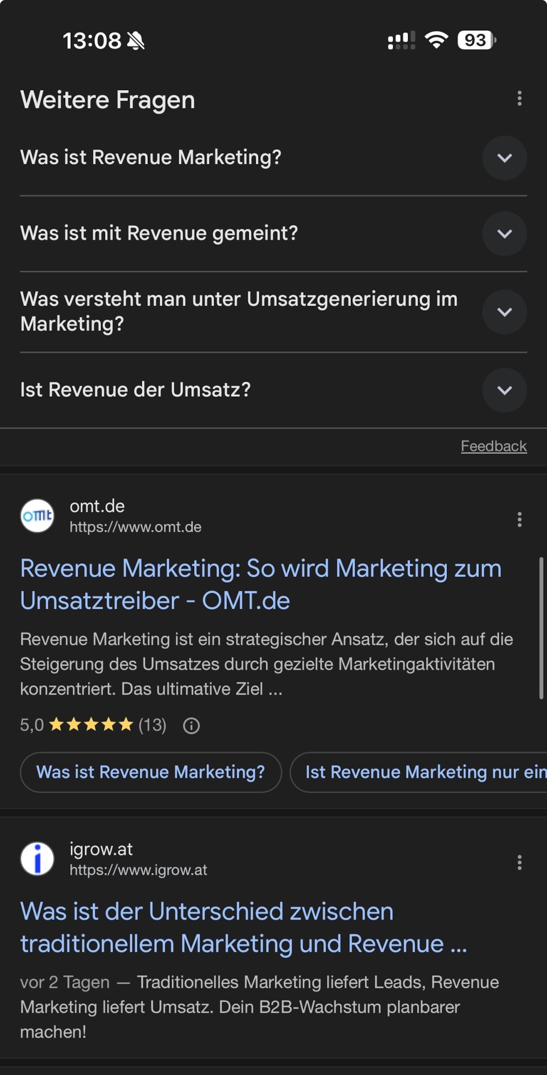 Revenue Marketing Zitierung iGrow.at 1 Platz Google Suche