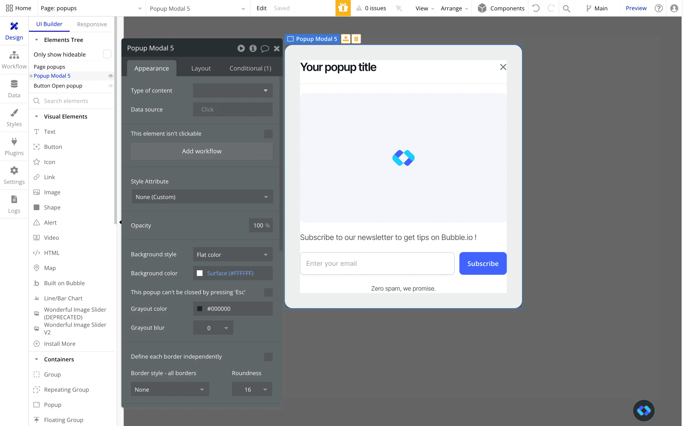 an example of a popup built in bubble.io