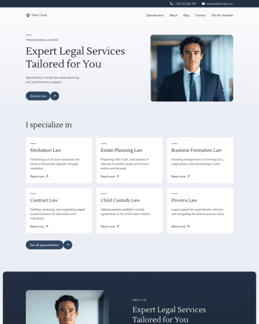 Lawfolio Framer template preview showing hero and specialisations section