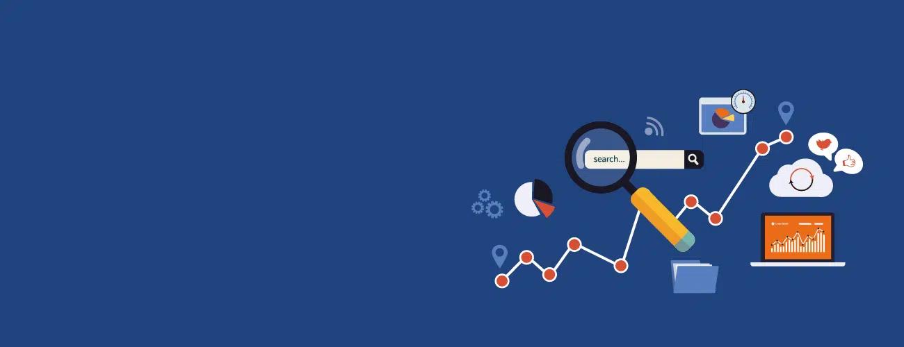 Illustration of a magnifying glass over a search bar surrounded by analytics icons, including charts, a folder, location pins, and a laptop, on a blue background.