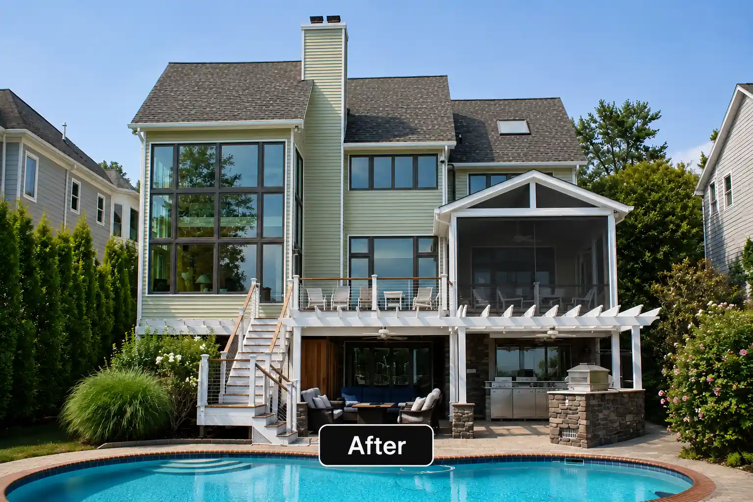 After renovation: Rear exterior after renovation with expanded decks, screened porch, pergola-covered patio, outdoor kitchen, modern railings, stone finishes, and pool.