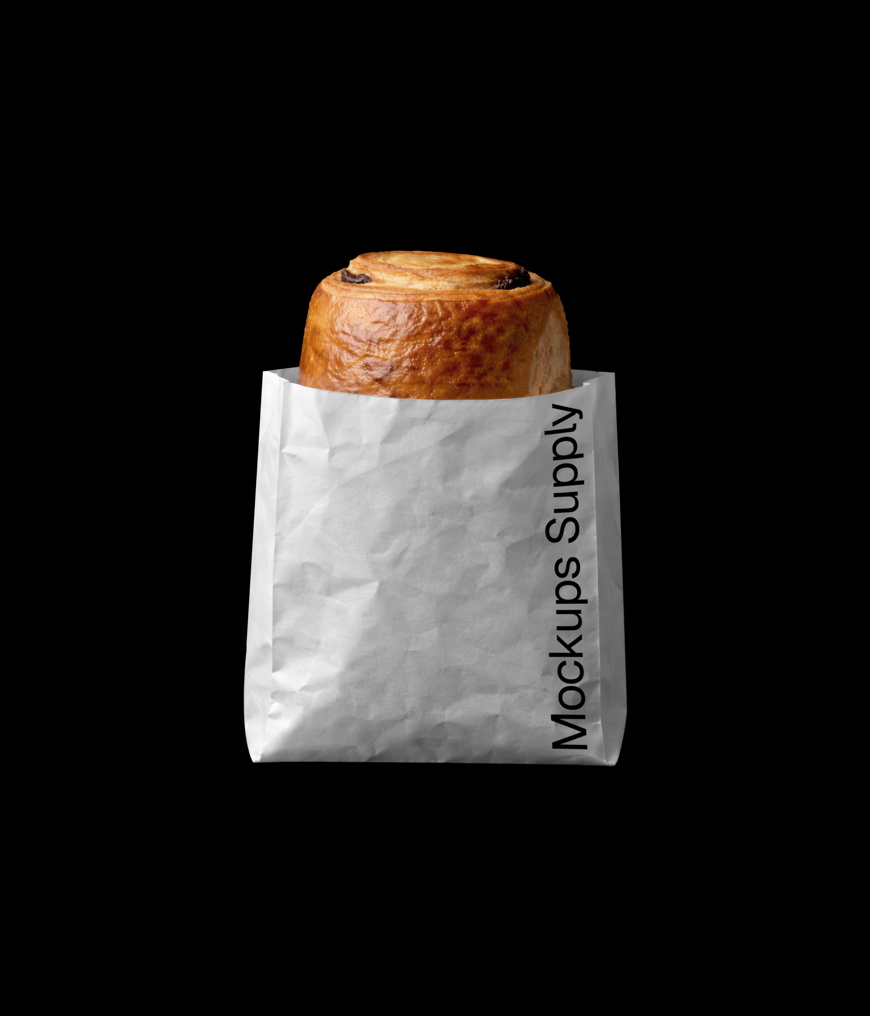 Pain au chocolat in paper bag mockup for photoshop download psd on black background