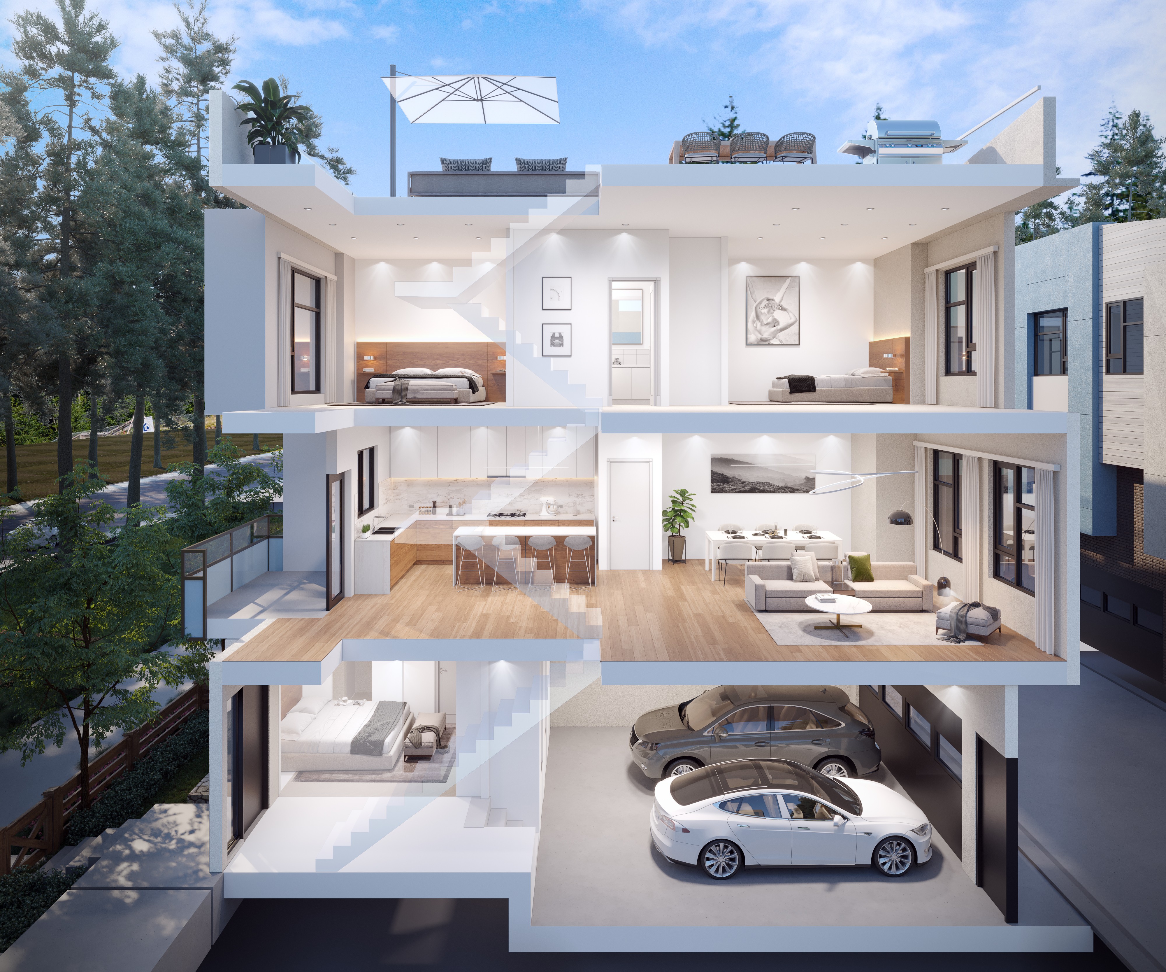 3D cutaway architectural rendering of a three‑level home interior showing a garage with two cars at the bottom, an open‑plan kitchen and living area in the middle, and bedrooms on the top floor.