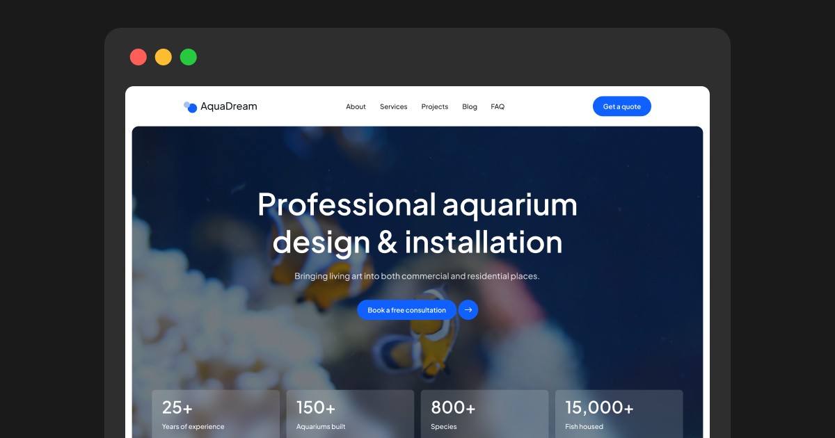 Aqua Dream Framer template homepage — professional aquarium design and installation website with dark hero section, stats bar, and navigation