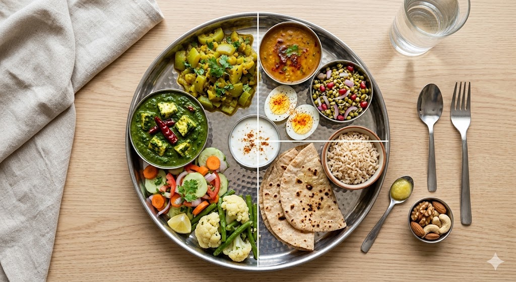 A top-down photograph of a healthy, balanced Indian thali meal divided into sections by white lines on a stainless steel plate. The plate contains bowls of green spinach paneer curry, yellow vegetable curry, brown rice, whole wheat roti, sprouts, and dal. There are also whole boiled egg halves sprinkled with red pepper, fresh salad (carrots, cucumber, tomato), steamed cauliflower and green beans, raita, a spoon of ghee, a bowl of mixed almonds and walnuts, and utensils with a glass of water on a wooden table.