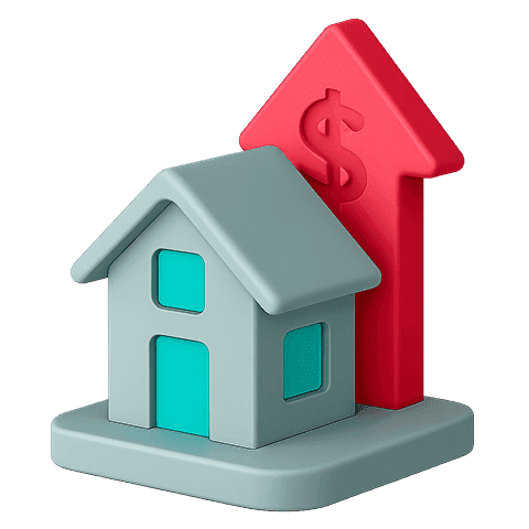 Small 3D house with a large red upward arrow