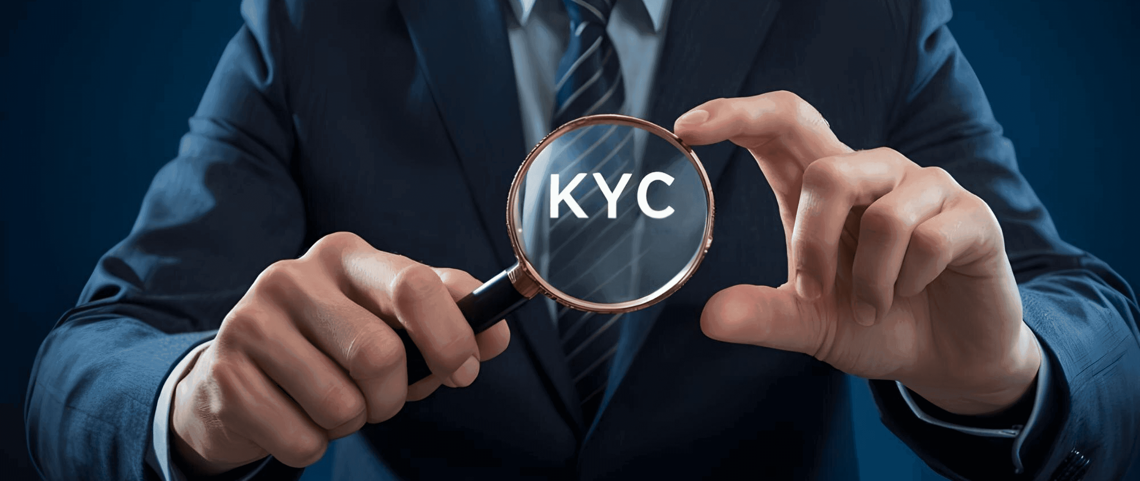 Business professional holding a magnifying glass with KYC text, symbolising the importance of identifying beneficial ownership and staying ahead of evolving regulatory compliance requirements.