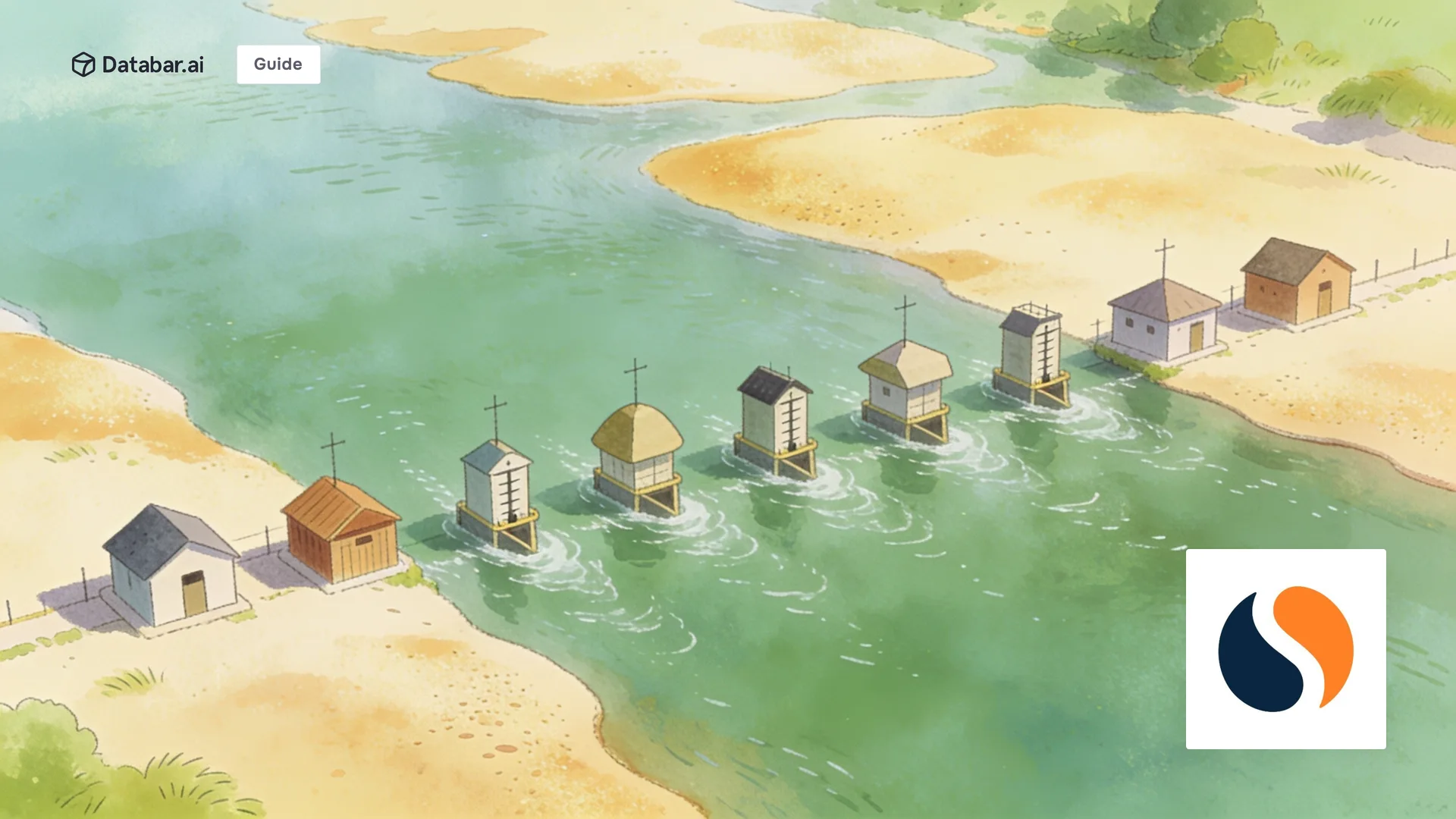 Similarweb alternatives, illustrated as a row of differently shaped gauging huts along one riverbank, each measuring the same current
