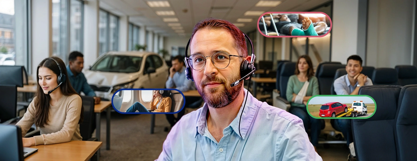 Visuel de campagne pour la promotion des métiers de l'assistance illustrant l'accompagnement humain et la gestion de situations d'urgence, une expertise en "Stratégie de contenu" pour valoriser l'utilité sociale des collaborateurs