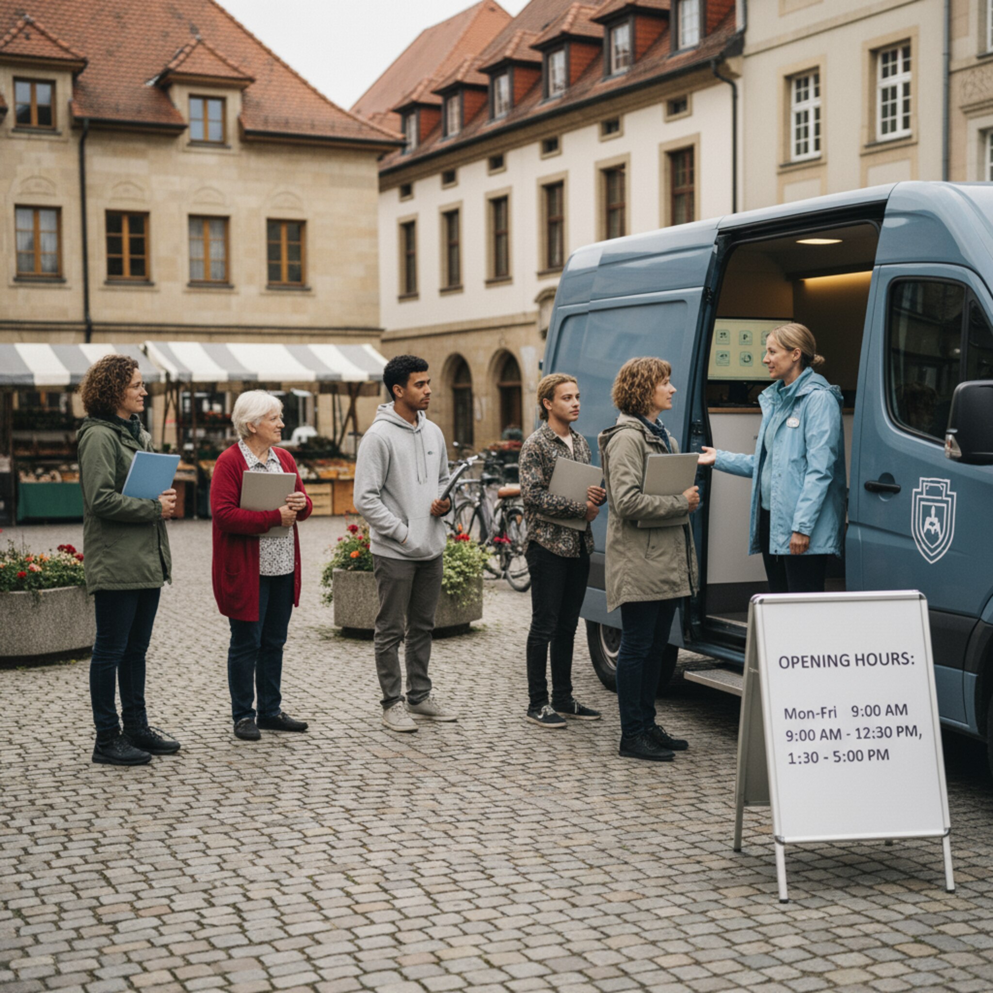 Ein mobiles Bürgeramt steht auf einem Marktplatz, daneben ein kleiner Aufsteller mit Öffnungszeiten. Menschen warten in einer kurzen, gut organisierten Reihe, einige halten Mappen mit Dokumenten. Eine Mitarbeiterin begrüßt den nächsten Besucher und zeigt auf den überdachten Eingang. Das Umfeld wirkt offen, zugänglich und bürgernah.