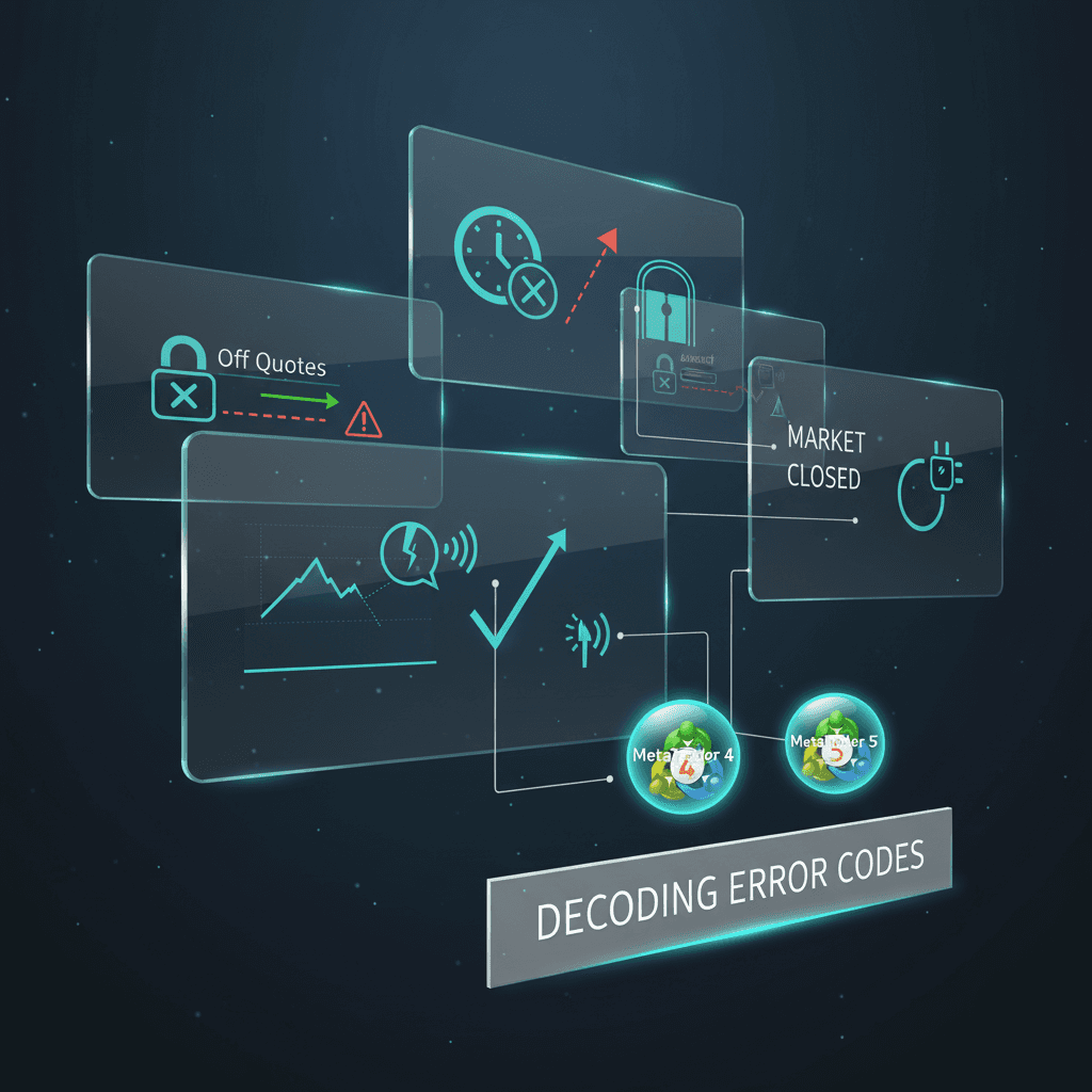Visual representation of common MetaTrader error types, such as Off Quotes, Market Closed, and Invalid Stops.