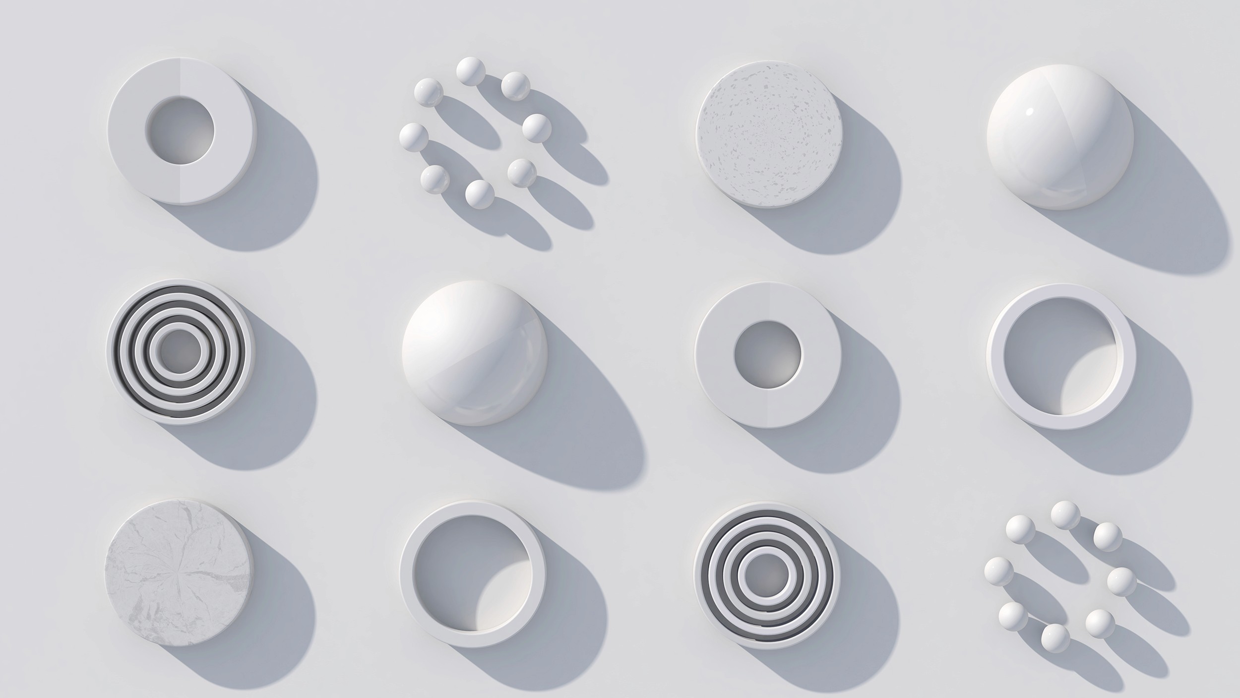Abstract illustration, 3d render. White circle shapes and balls. 