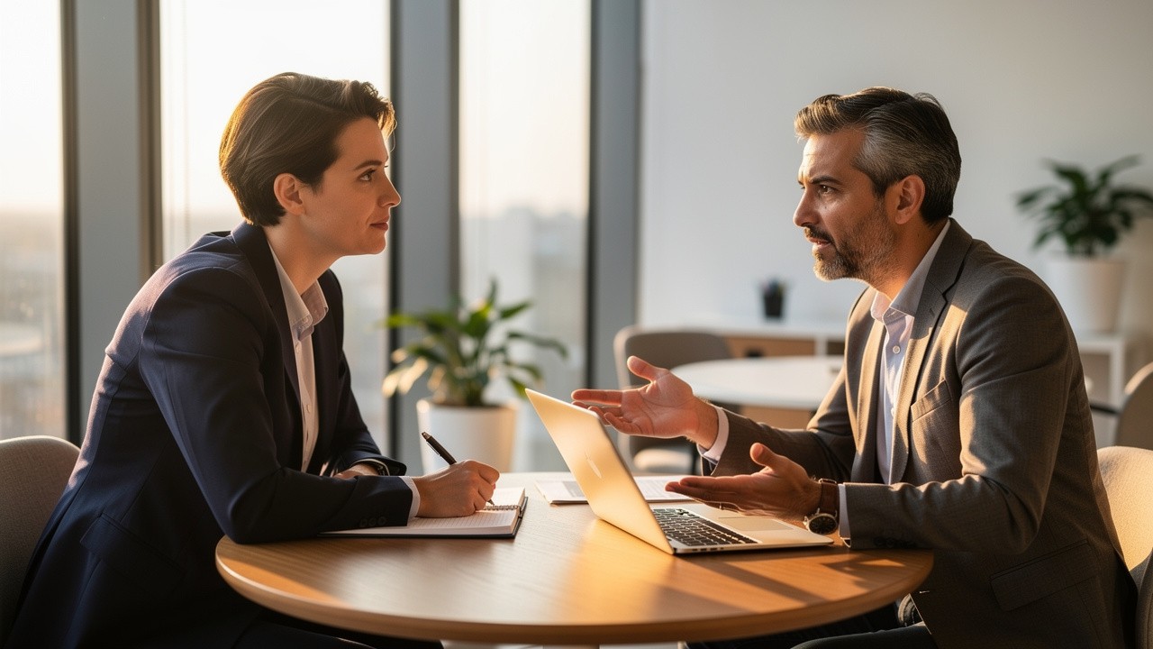 Sales professional confidently addressing client concerns during closing