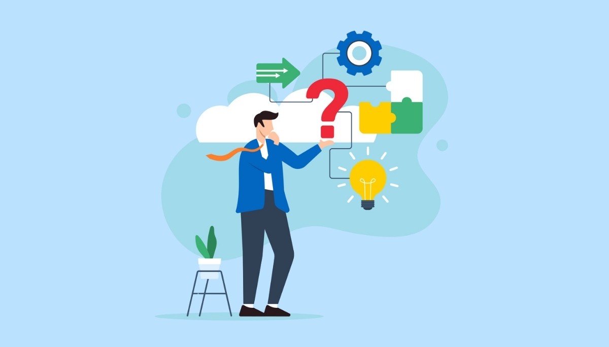 Illustration of a person surrounded by symbols like a question mark, light bulb, gears, and puzzle pieces.