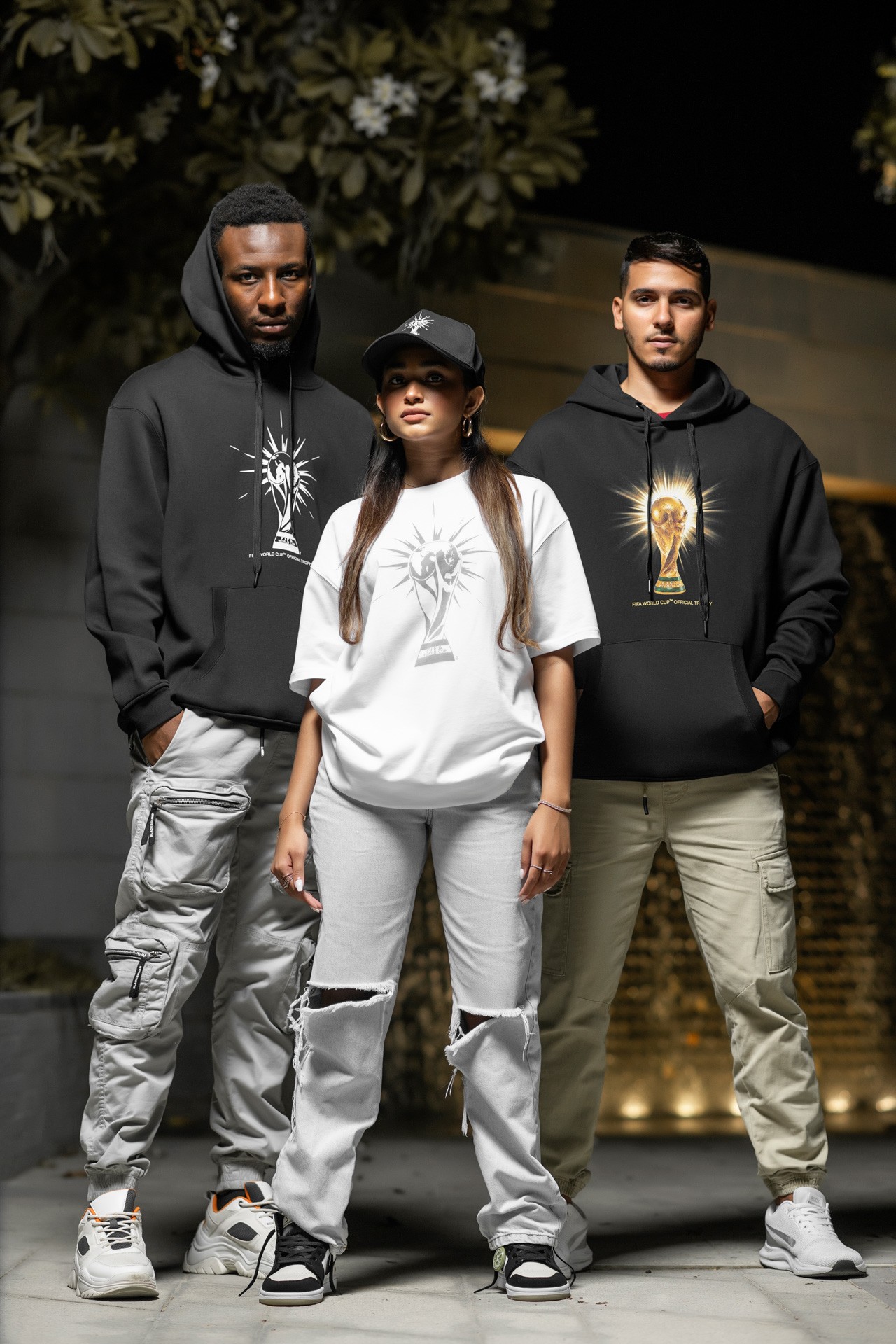Three models in FIFA World Cup 2022 Trophy Collection hoodies and tees, posed at night in front of a fountain.