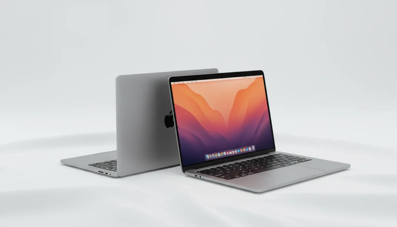 DSLR product shot of two modern silver aluminum MacBook Pro laptops arranged in a symmetrical V-shape against a clean, seamless white studio background. The front laptop is open, angled towards the viewer, displaying a vibrant abstract wallpaper with orange and deep purple gradients on its screen. The second laptop is positioned behind the first, with its lid partially open, revealing the black logo on its silver aluminum surface. Lit with soft studio lighting, creating clean reflections on the matte metal surfaces, hyper-detailed, sharp focus.