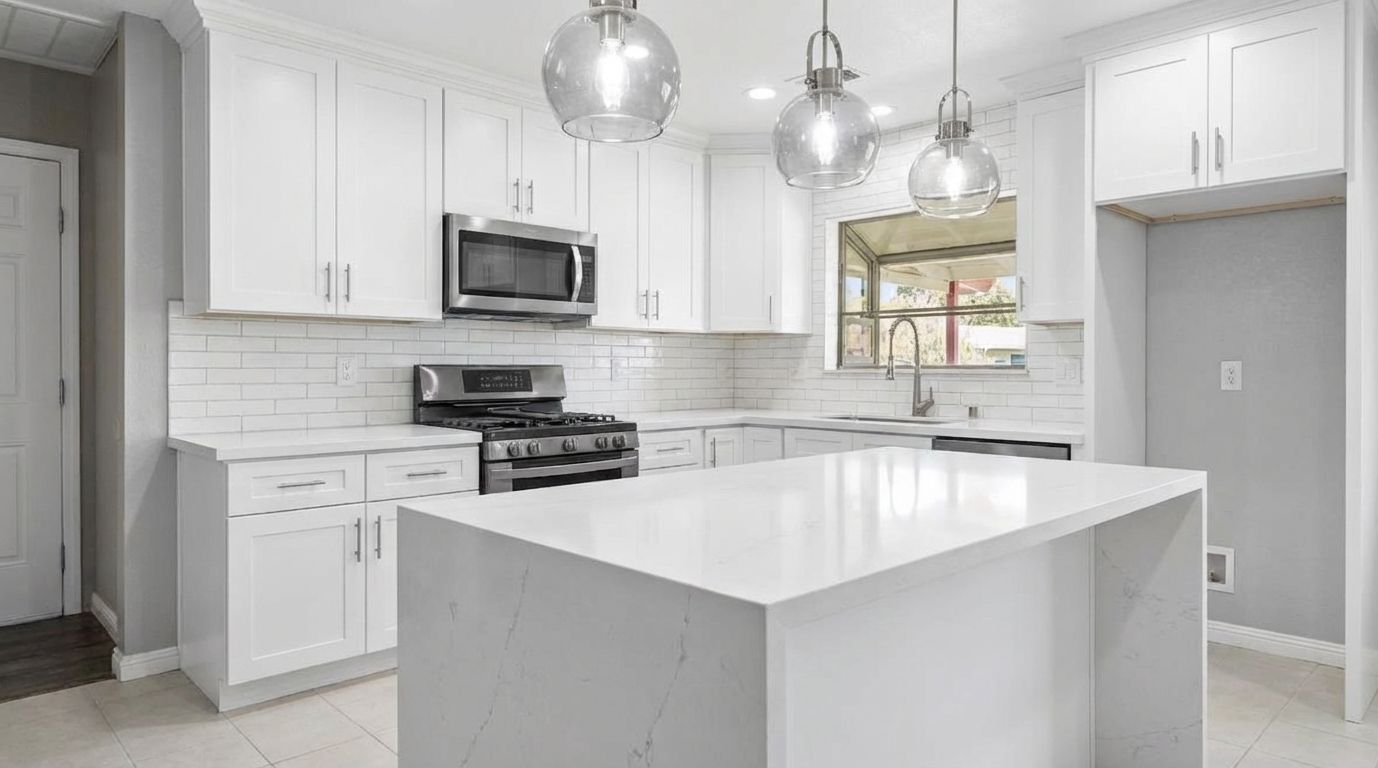 All-white kitchen remodel with waterfall island designed by AI visualization