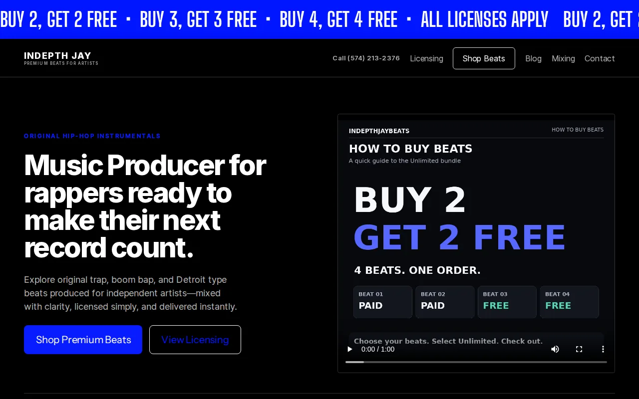Screenshot of the Indepth Jay Beats website