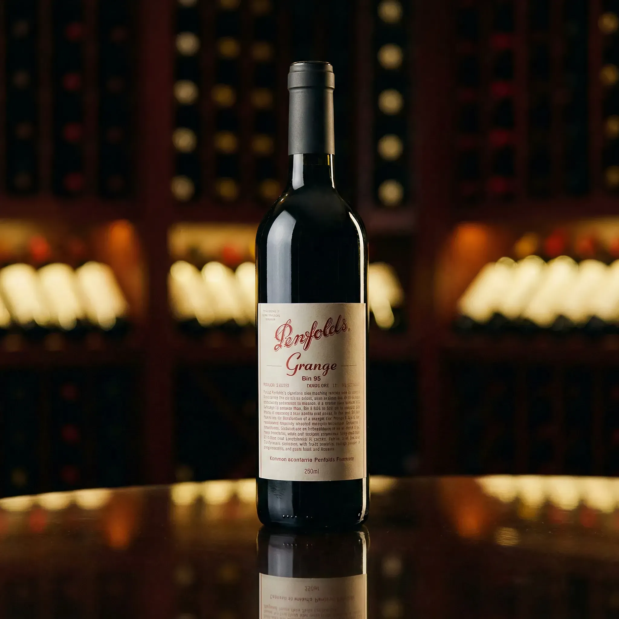 A bottle of Penfolds Grange red wine stands on a reflective surface, with a blurred background of a softly lit wine cellar. Elegant and luxurious ambiance.
