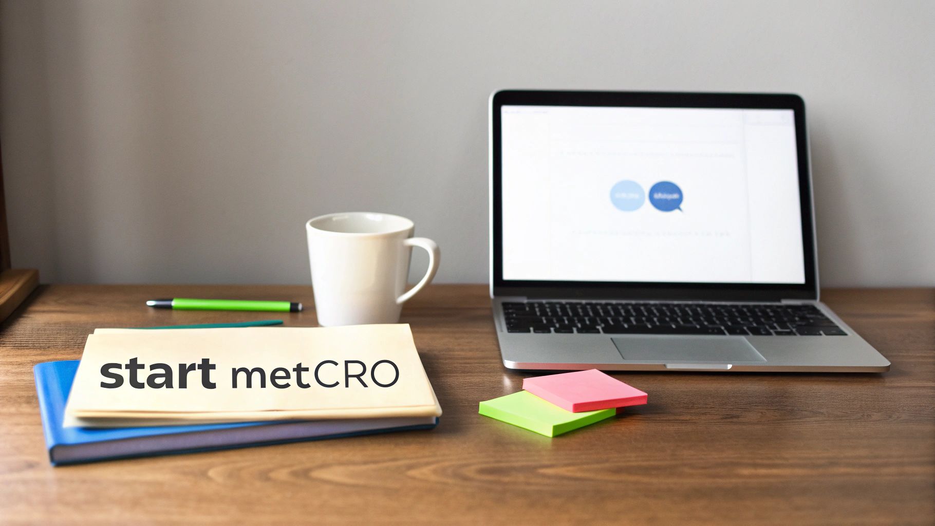 Laptop met chat-interface op scherm, notitieblok met tekst 'start metCRO' en koffiekop op bureau