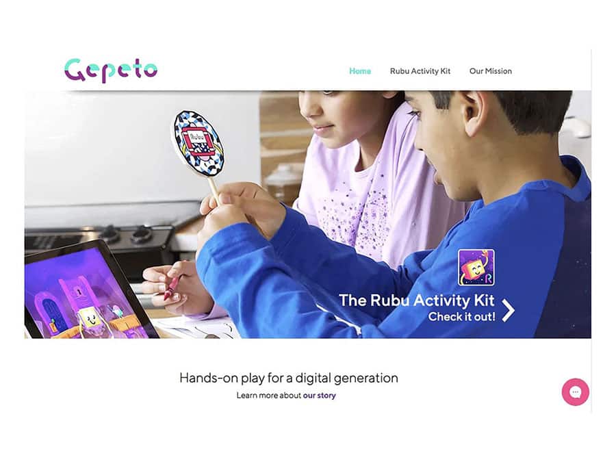 Gepeto website showing modern colour palette, playful logo and brand direction.