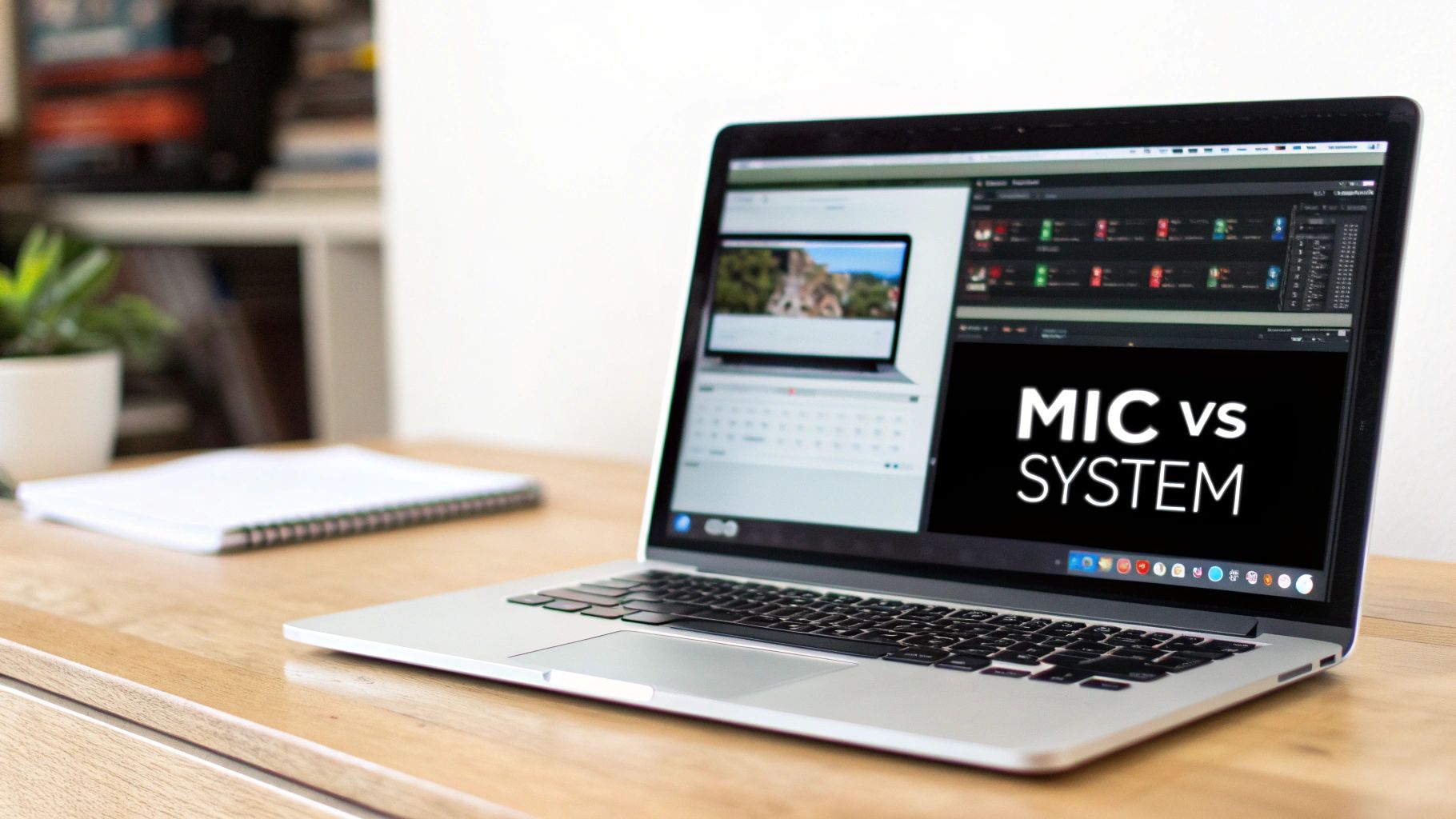 A laptop on a wooden desk displays 'MIC vs SYSTEM' on its screen, with a notebook in the background.