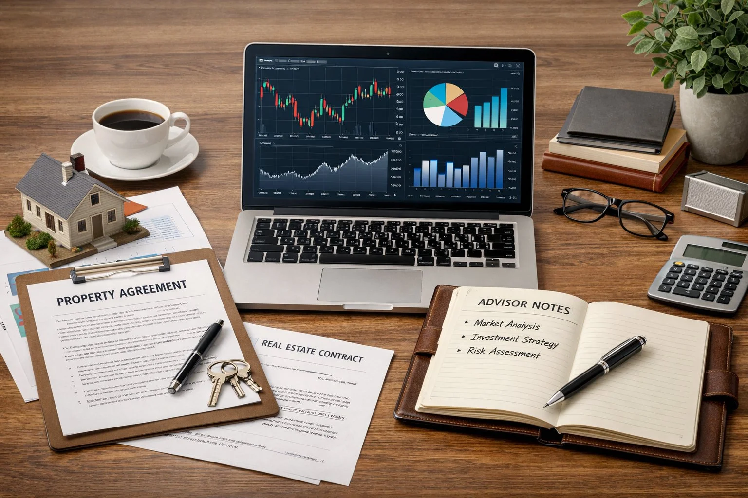 Calm, organized workspace with property documents, a laptop displaying financial charts, and a professional advisor’s notebook.