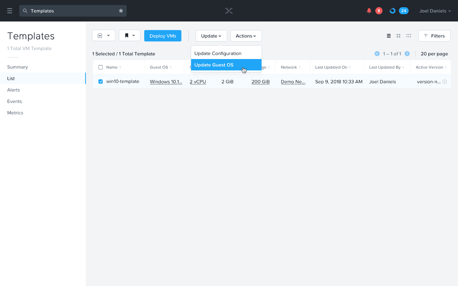 User selects a VM Template and chooses the “Update Guest OS” action