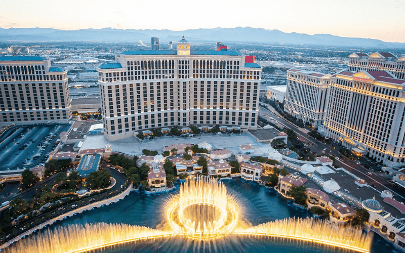 View from Eiffel Tower Viewing Deck, overlooking the illuminated Bellagio Fountains