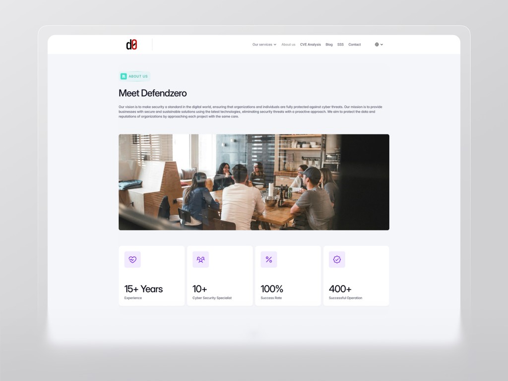 About page of Defendzero showing team collaboration photo, metrics, and company values with modern UI