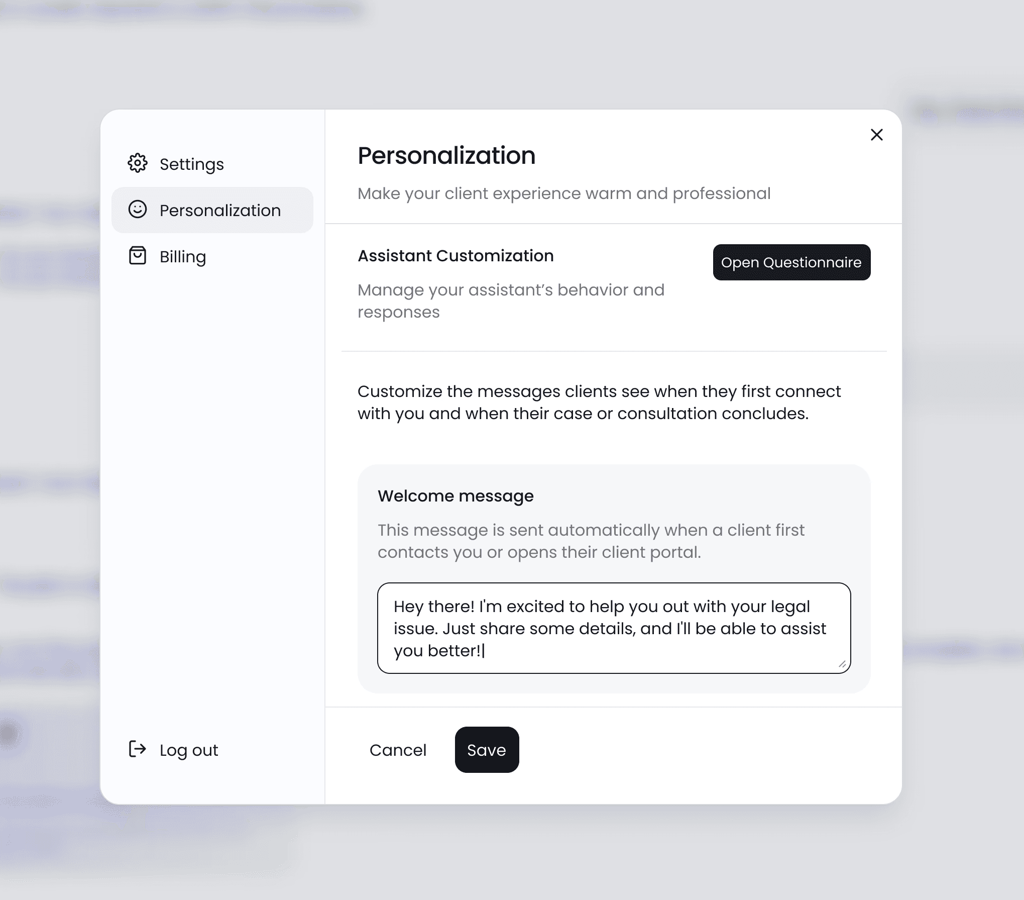 an image of the Retriever “Personalization” settings panel showing options for customizing client messages. The interface includes sections for Assistant Customization, a Welcome Message editor with sample text, and Save or Cancel buttons on the bottom
