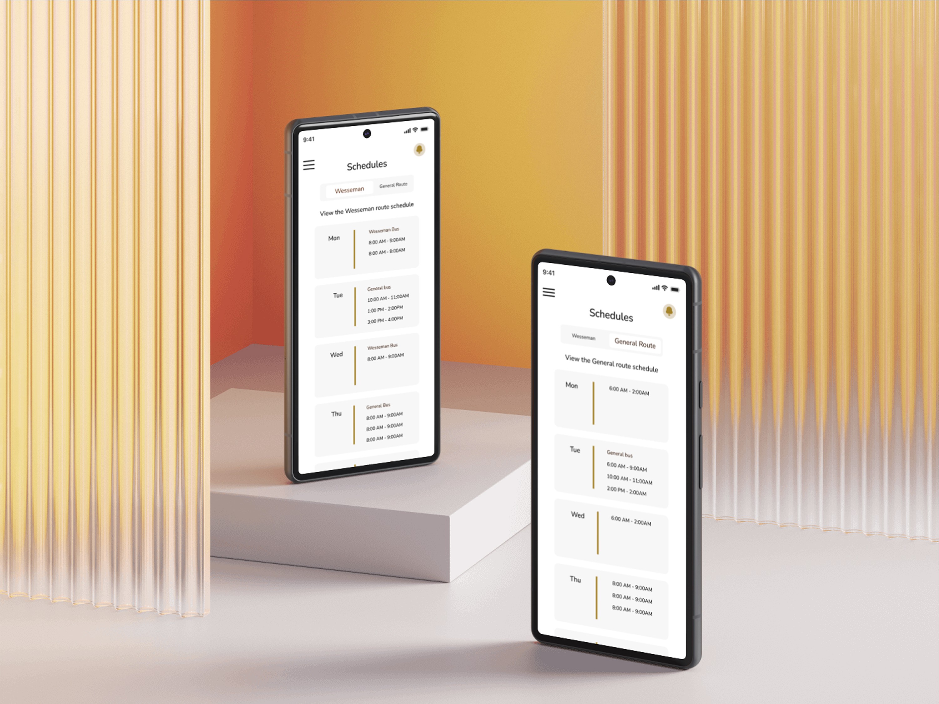 A modern, minimalist smartphone display showcases a sleek white schedule app interface, surrounded by elegant, translucent vertical panels with a warm, golden gradient backdrop, emphasizing a sophisticated tech aesthetic.