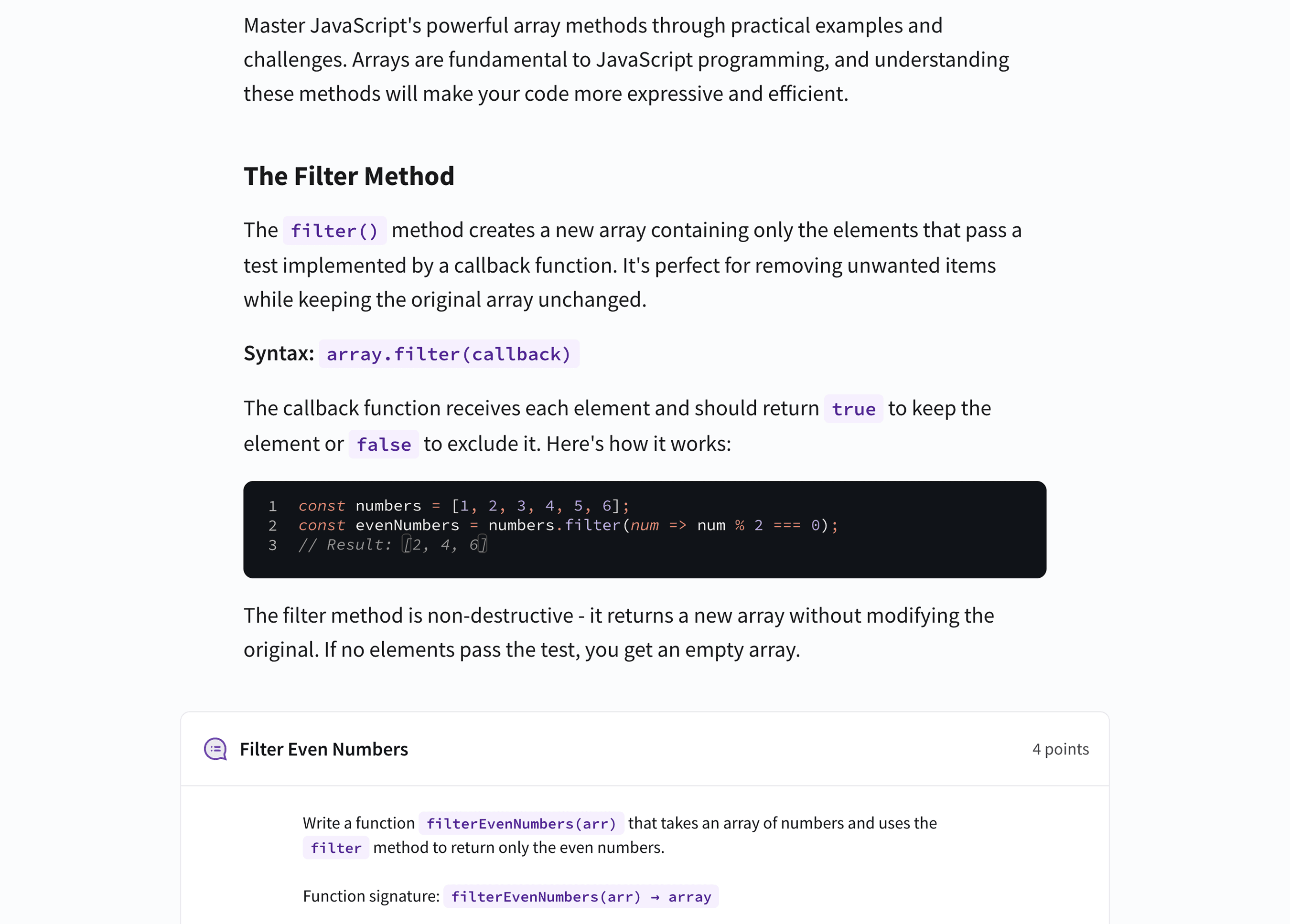 Textbook page explaining the JavaScript filter method with highlighted code syntax, an example code block, and an embedded coding question below the explanation.