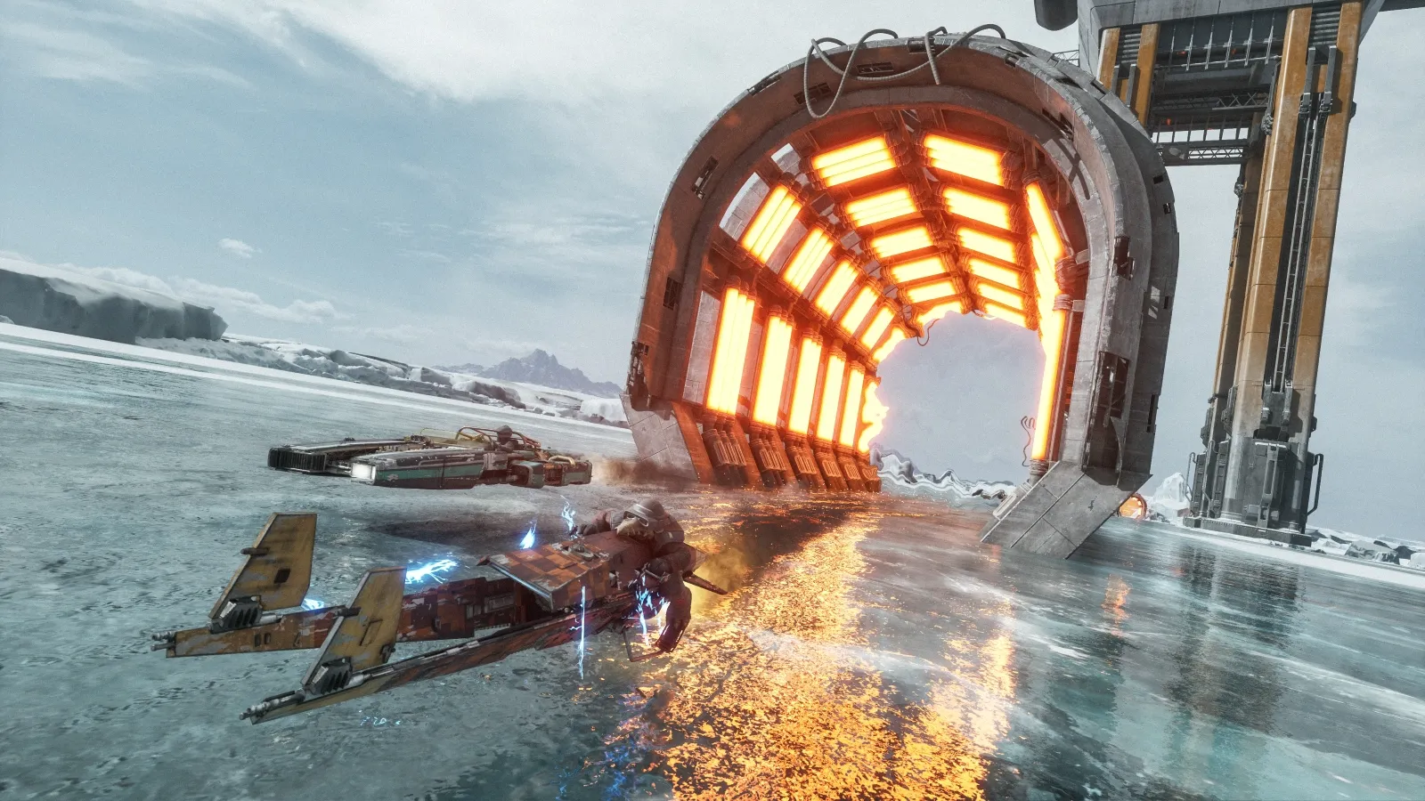 A sleek futuristic speeder races across a frozen landscape towards a glowing, curved tunnel structure, with another vehicle pursuing nearby, under a cloudy sky.