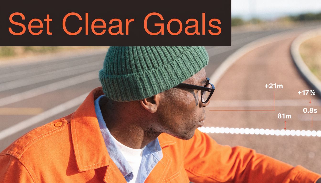A man wearing a green beanie and orange jacket looking toward data metrics on a running track.