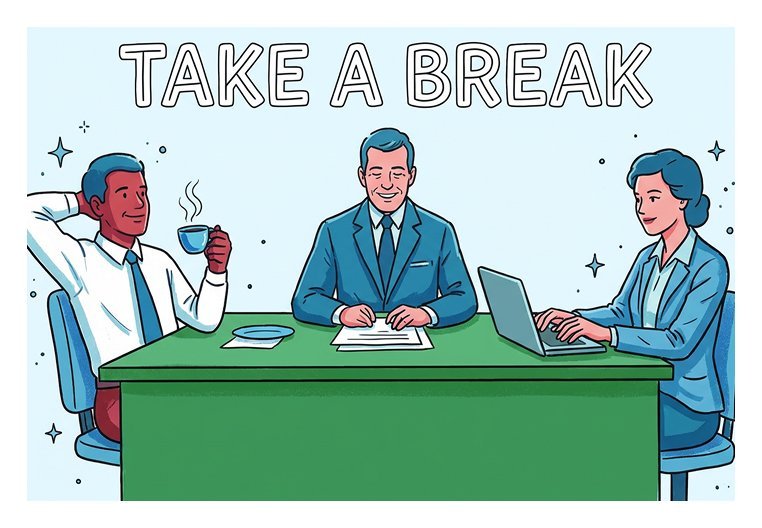 Illustration with bold text reading "Take a Break" above three people seated at a meeting table — one leaning back with a coffee cup, one in the center, and one on the right with a laptop.