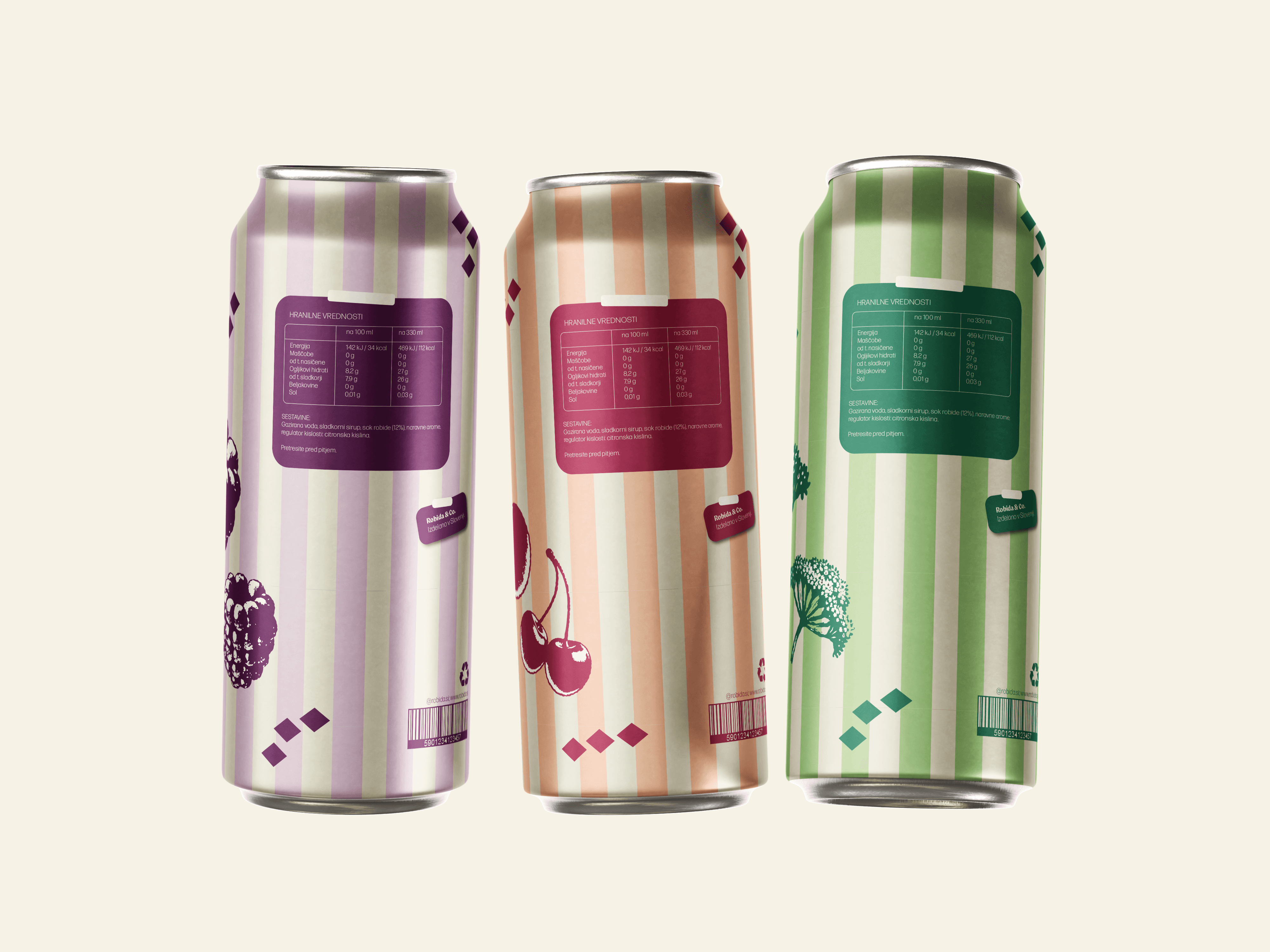 Three Robida & Co cans showing the back label design with nutrition facts, ingredients, and barcode for each flavor
