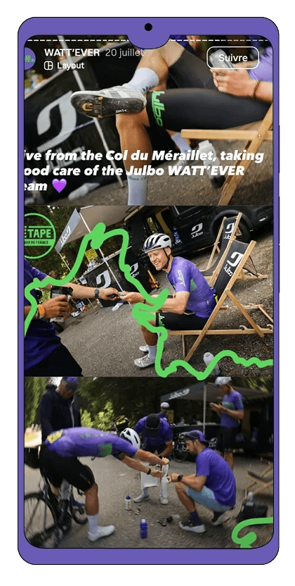 Story Julbo illustrant une pause ravitaillement de l’équipe WATT’EVER avec effets graphiques verts.