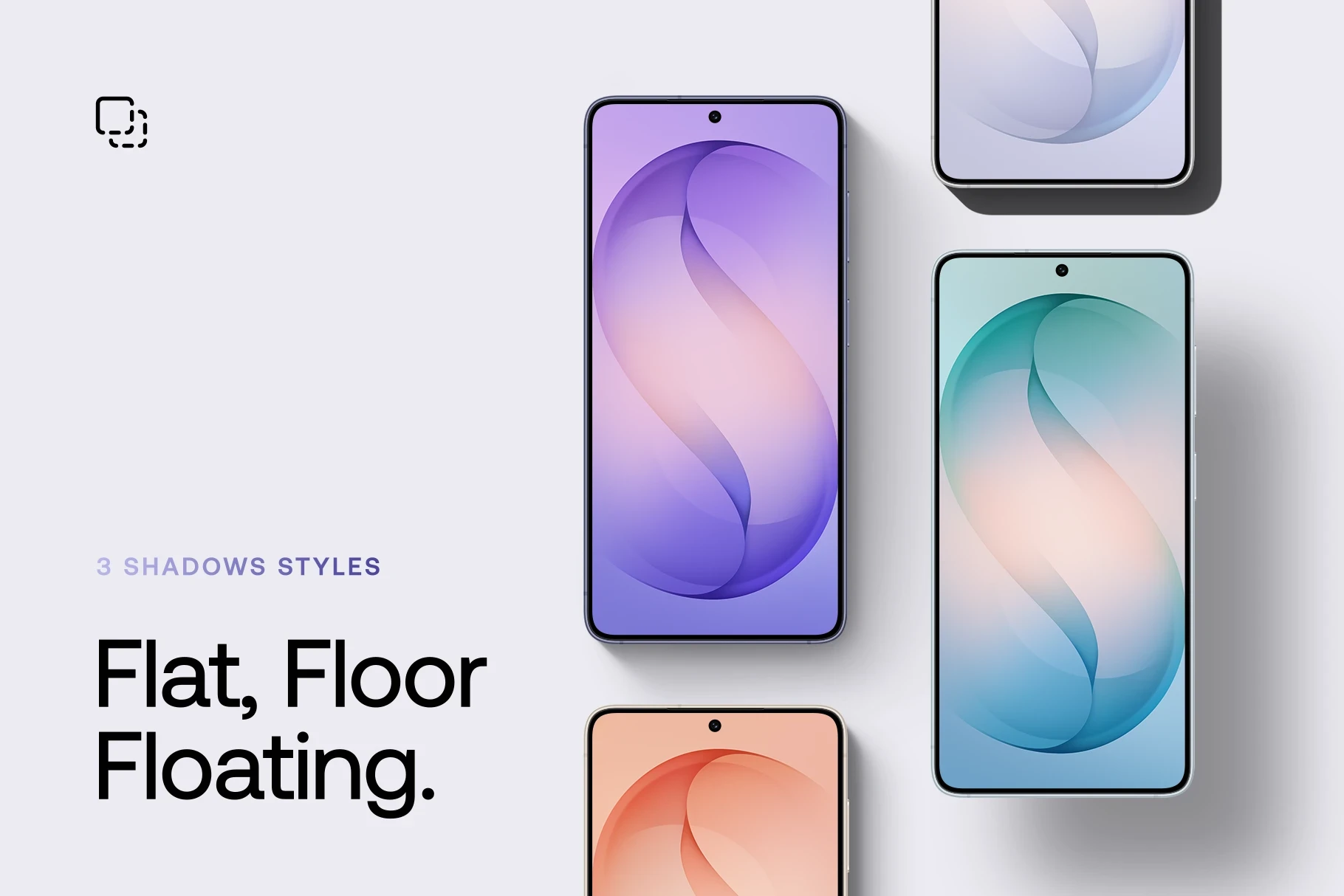 Galaxy S26 mockups featuring flat, floor, and floating shadow presentation styles.