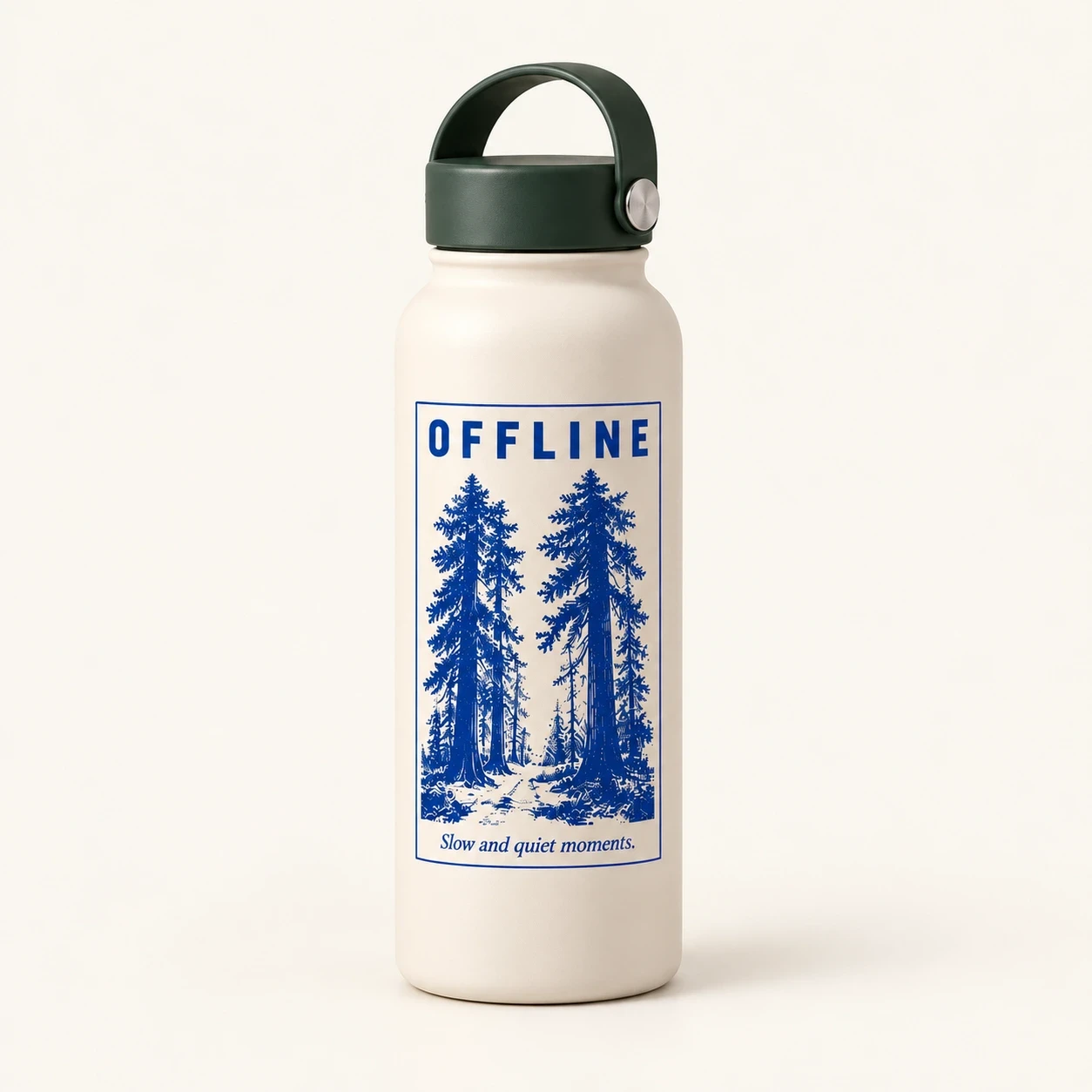 Cream water bottle with green carry cap and cobalt redwood illustration.