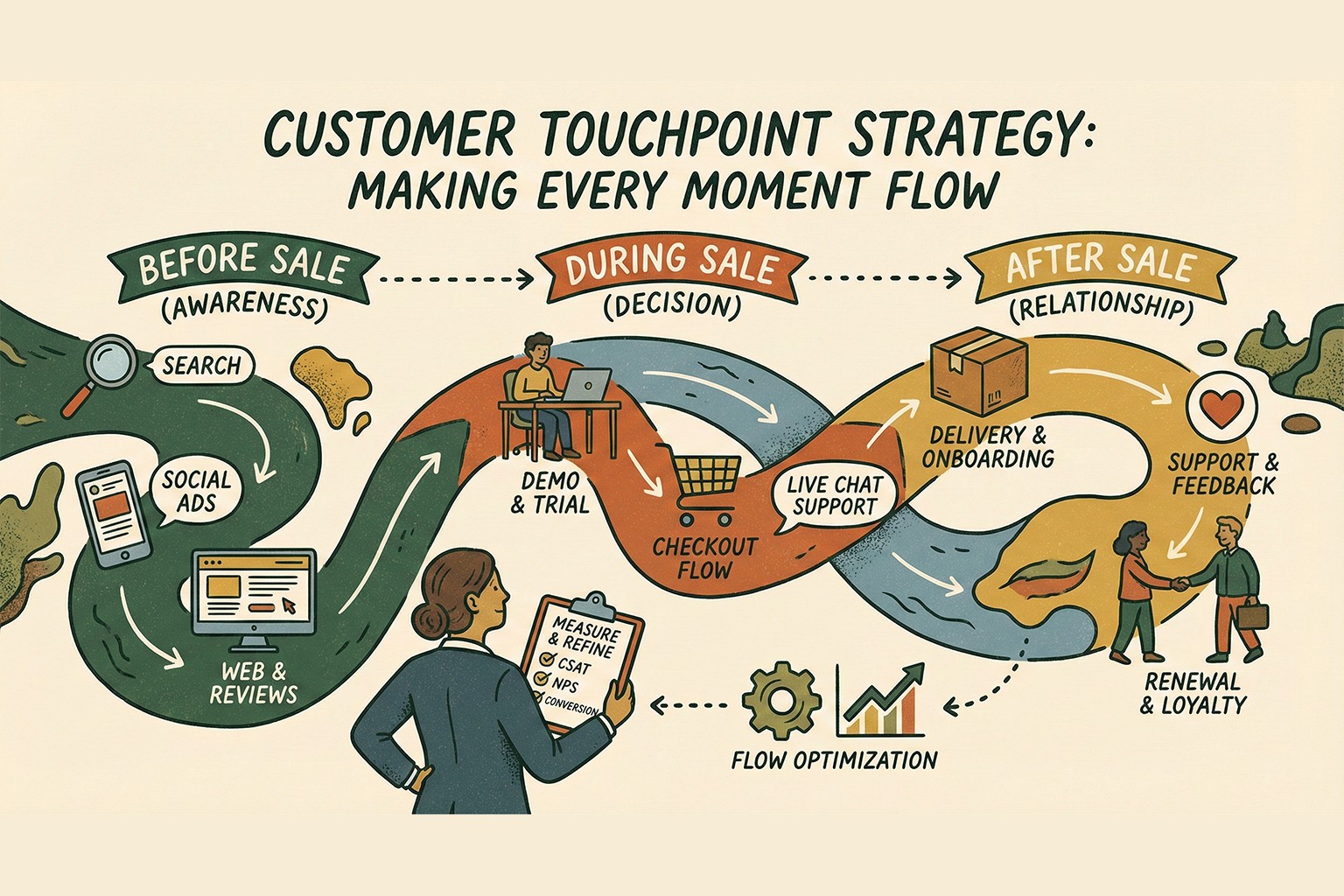 Illustration of a customer touchpoint strategy showing interactions before, during, and after sale, including search, ads, demo, checkout, live chat, onboarding, support, and loyalty.
