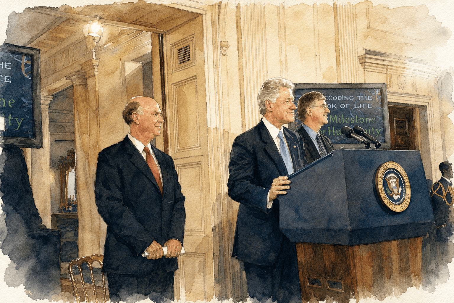 Watercolor rendering of Francis Collins, Bill Clinton, and J. Craig Venter announcing the Human Genome Project