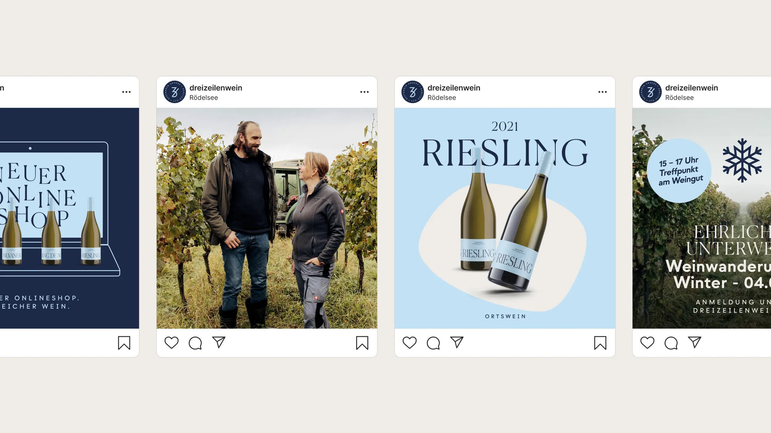 Vier Instagram-Post-Mockups zu Onlineshop, Winzerpaar, Riesling und Winterwanderung
