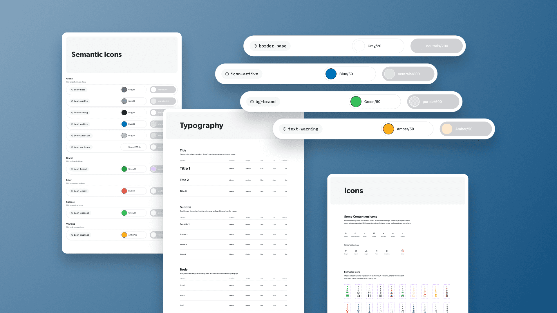 A snapshot of semantic values, typography, and icons documented for the EveryDollar design system.