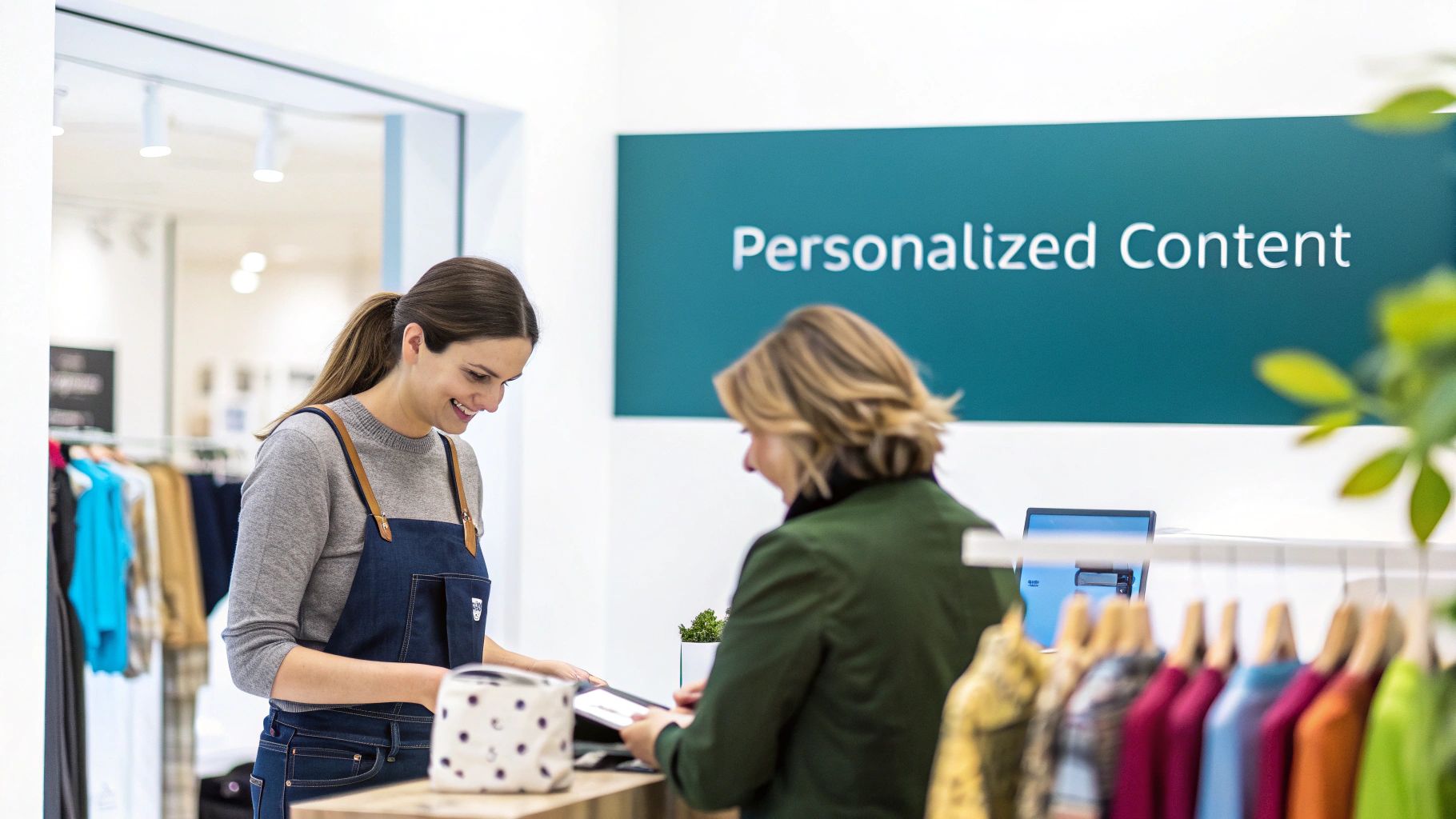Smiling sales associate assists customer at store checkout with a tablet, a 'Personalized Content' sign in background.