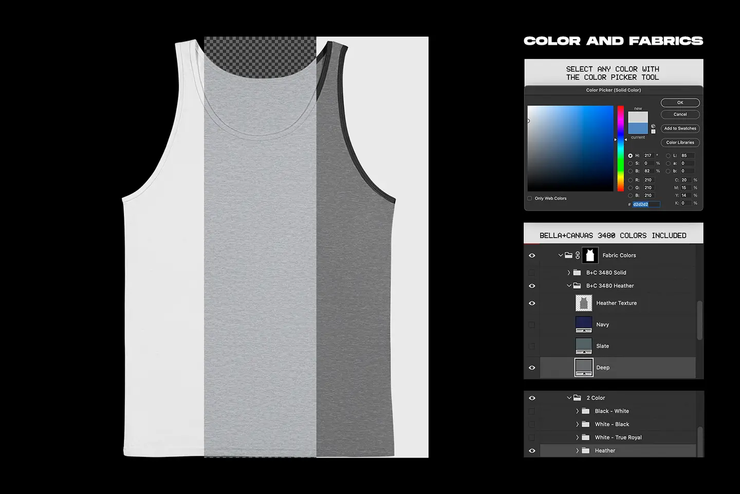 Bella+Canvas 3480 Tanktop Flat mockup fabric color options with Photoshop controls