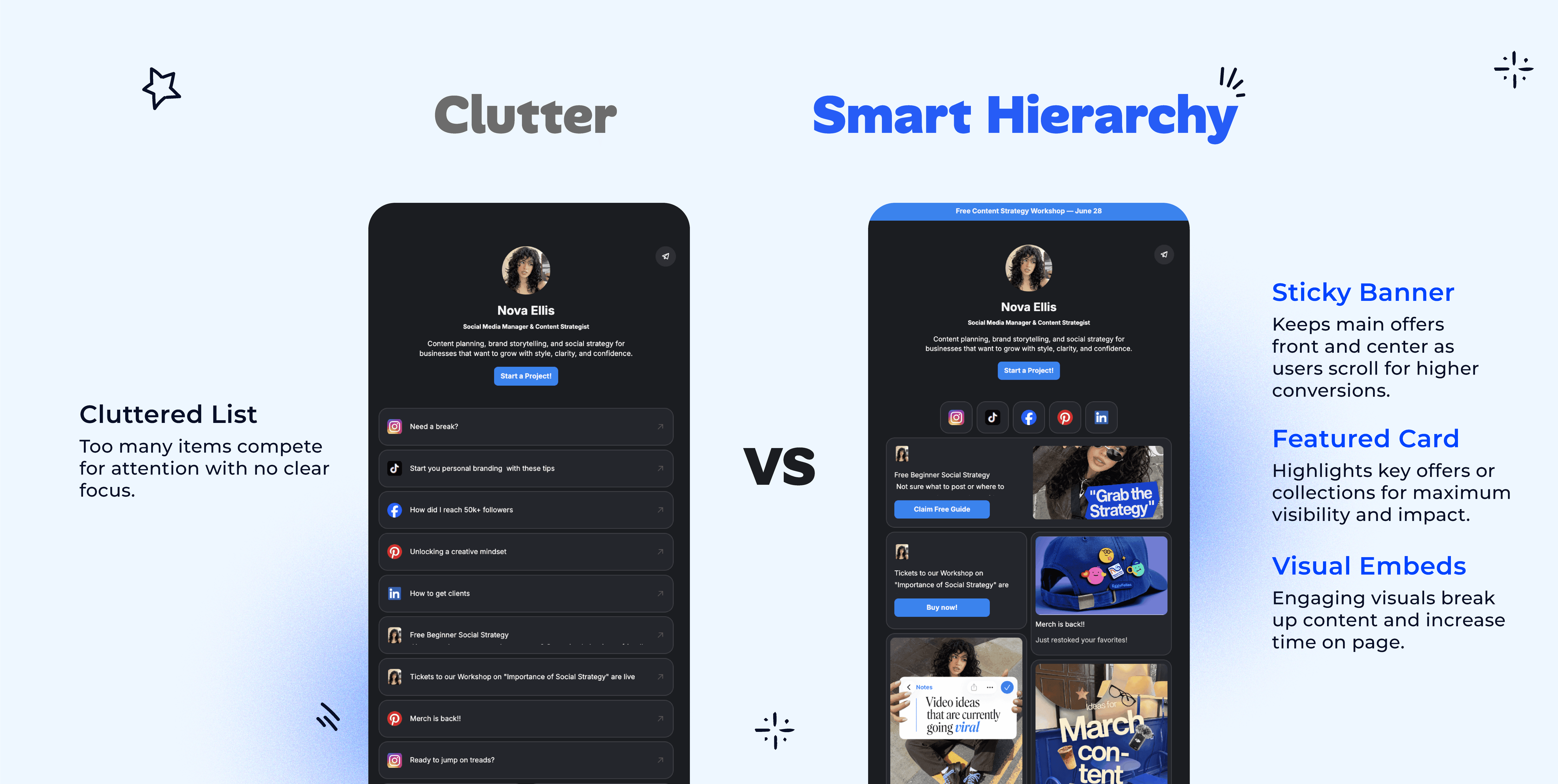 A comparison infographic showing a cluttered mobile app navigation list versus an optimized user interface design.