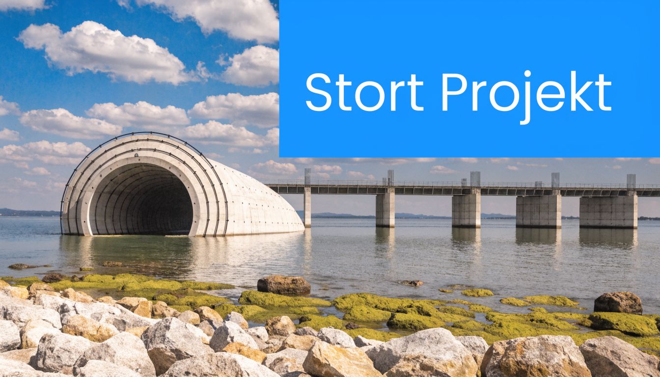 En betongtunnel och brodelar under uppbyggnad sträcker sig ut över vattenytan en solig dag.